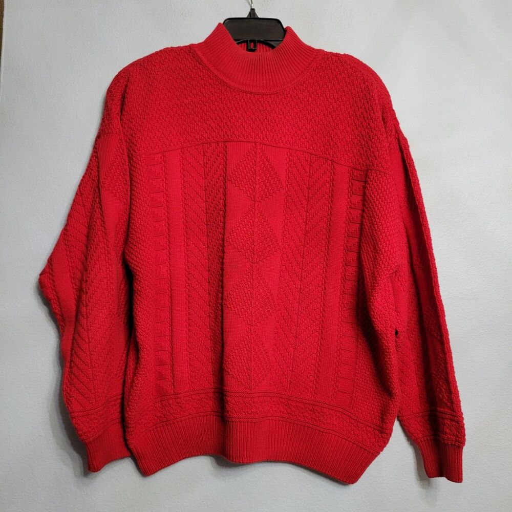 80s Lizsport Red Cable Knit Mock Neck Sweater LG Oversized Preppy Grandpa Chic